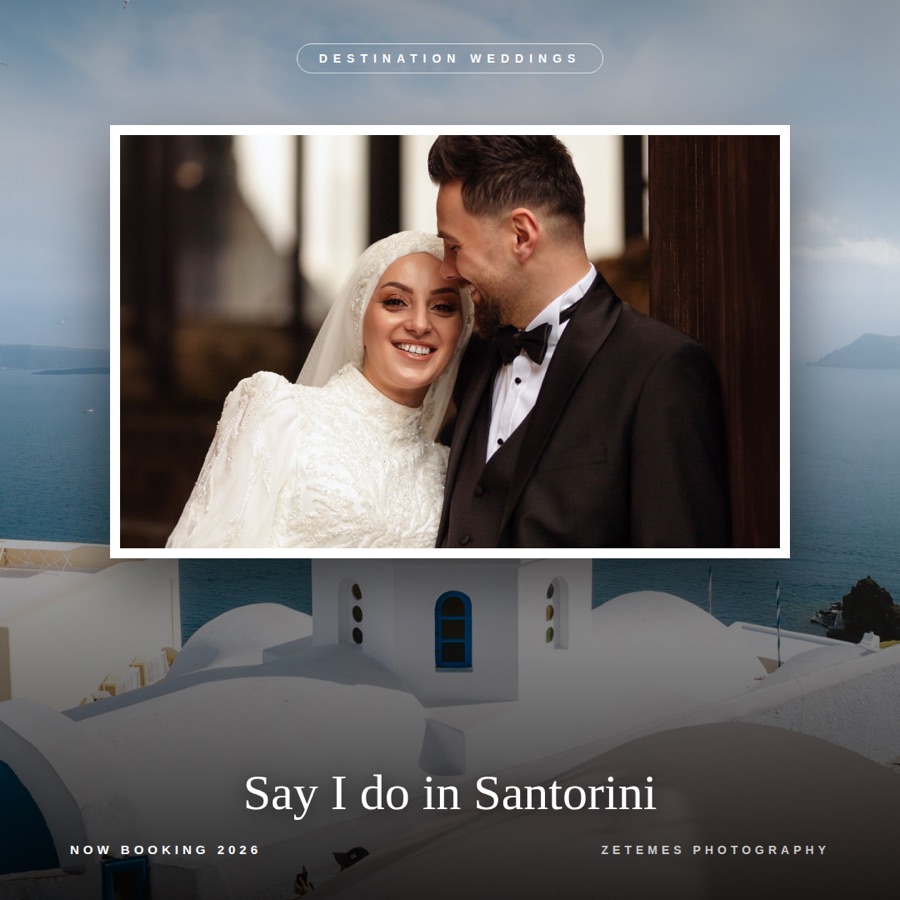 Client photo framed against Santorini